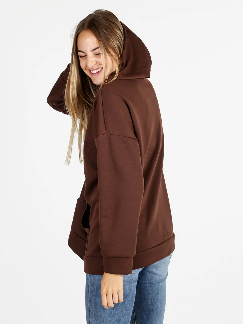 Felpa donna oversize con cappuccio e zip - moro