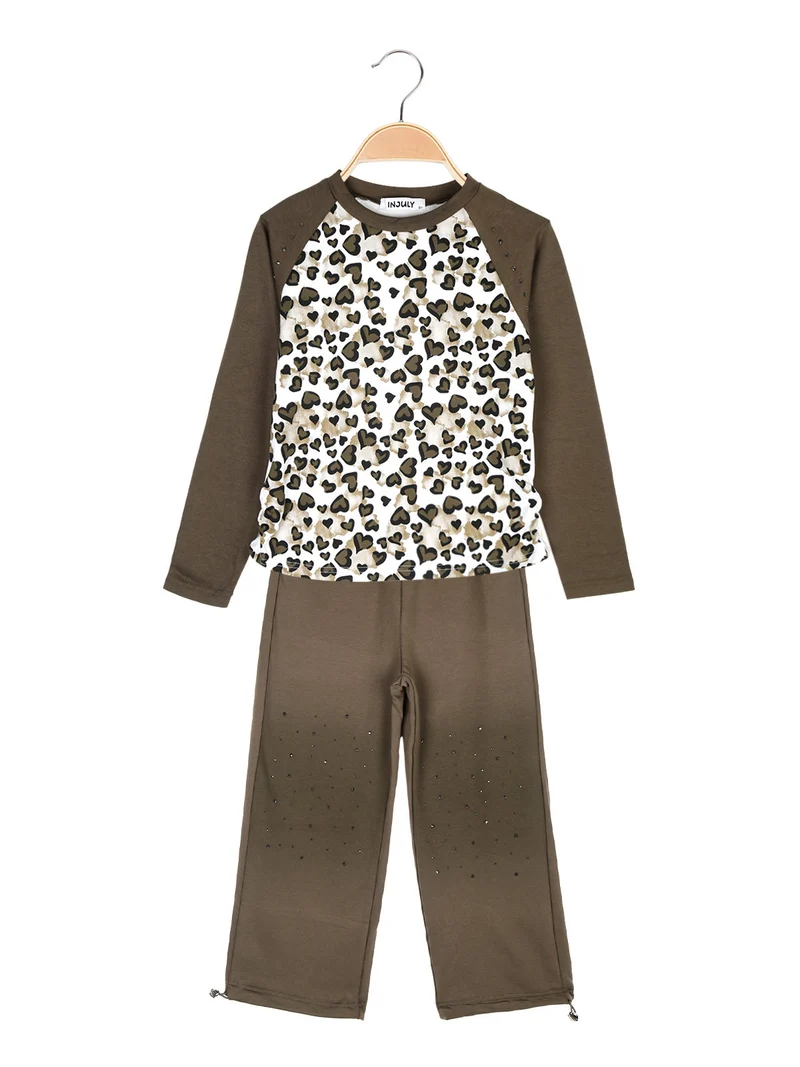 Completo 2 pezzi da bambina con maglietta stampata e pantaloni a zampa - militare