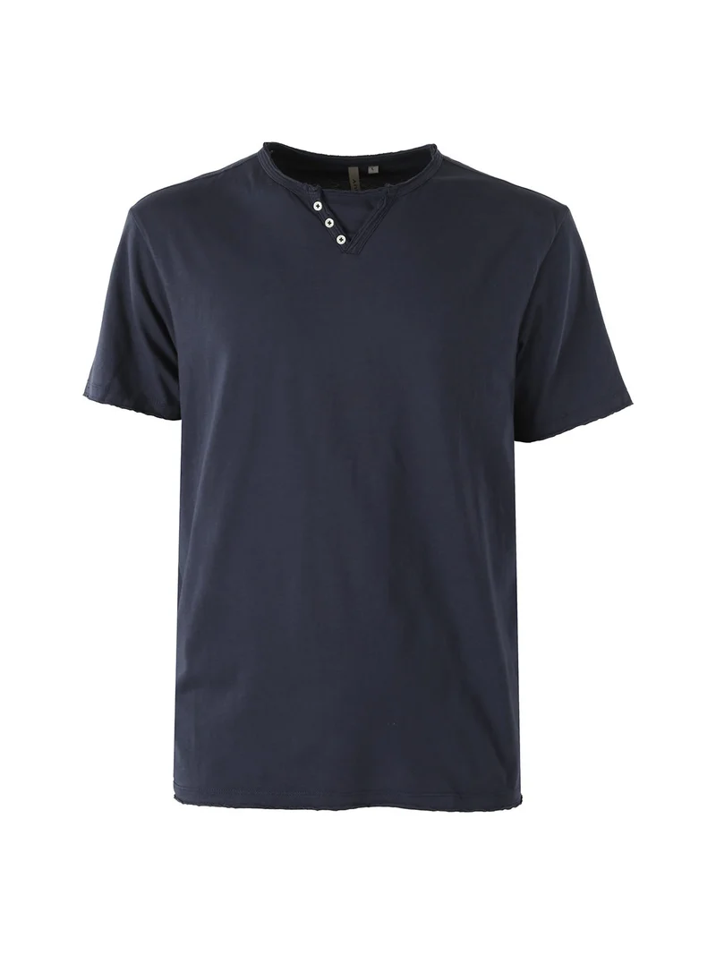 T-shirt da uomo in cotone con bottoncini sullo scollo - blu scuro
