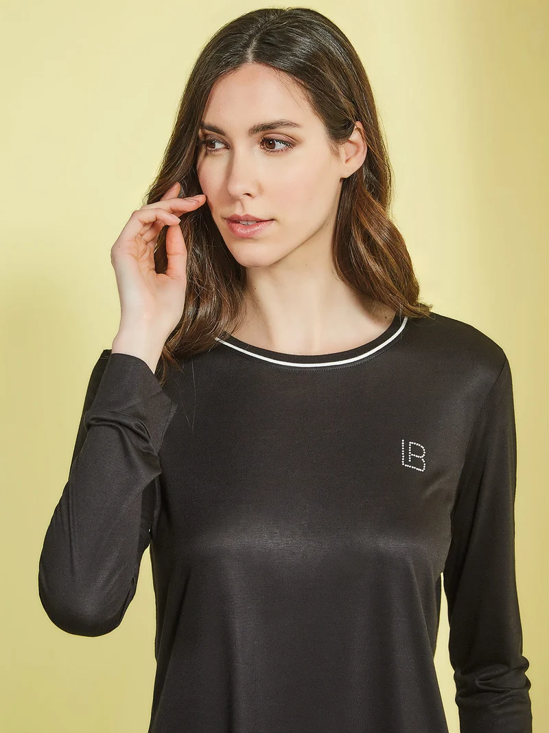Pigiama lungo da donna girocollo con logo di strass - nero