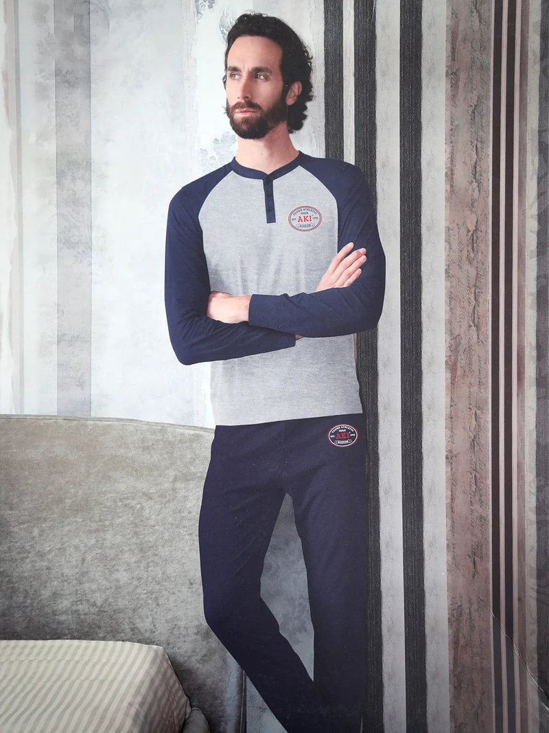 Pigiama lungo da uomo in misto cotone - blu scuro