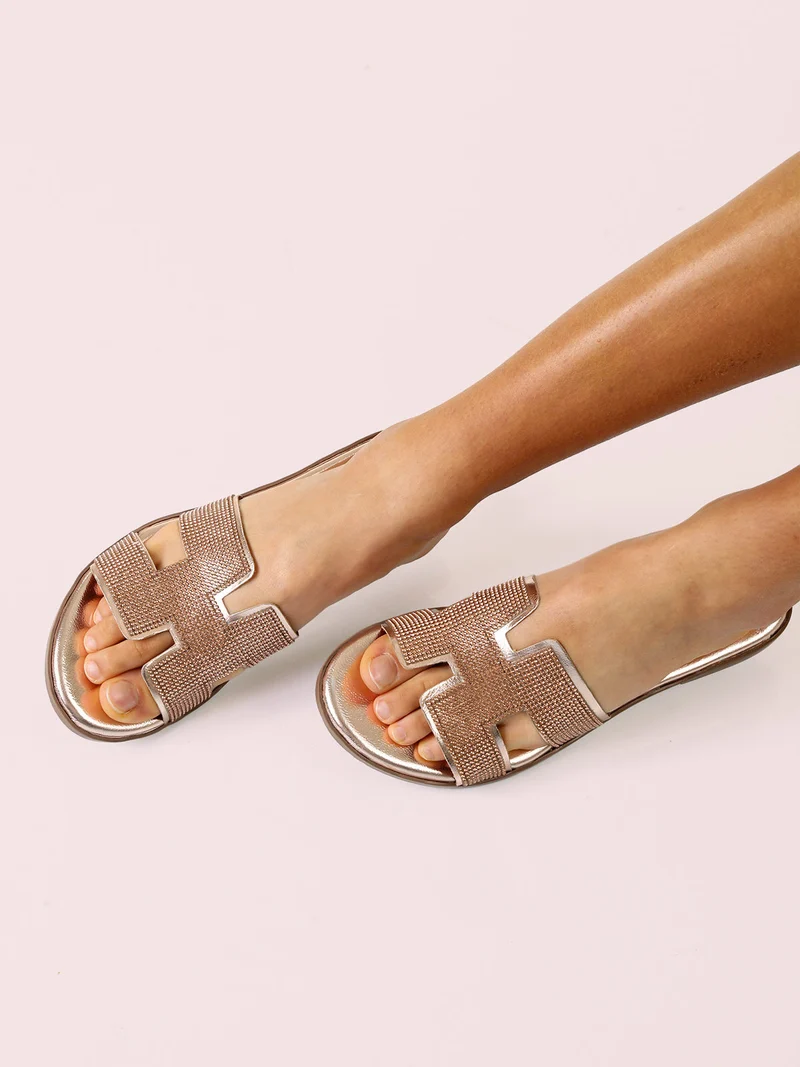 Ciabatte donna in pelle con strass - bronzo