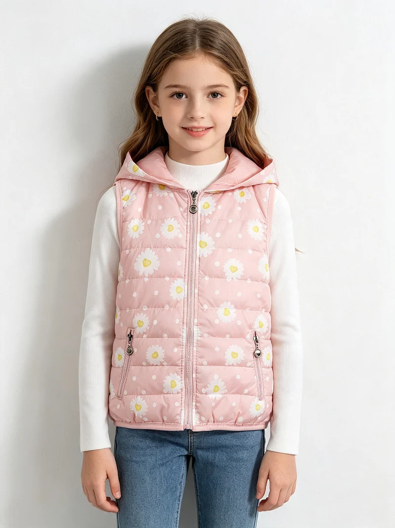 Gilet bambina imbottito con cappuccio - rosa