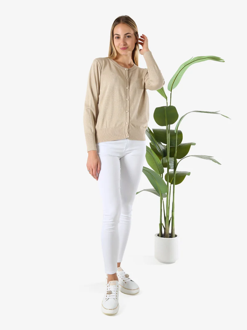 Cardigan donna lurex in maglia con bottoni - beige