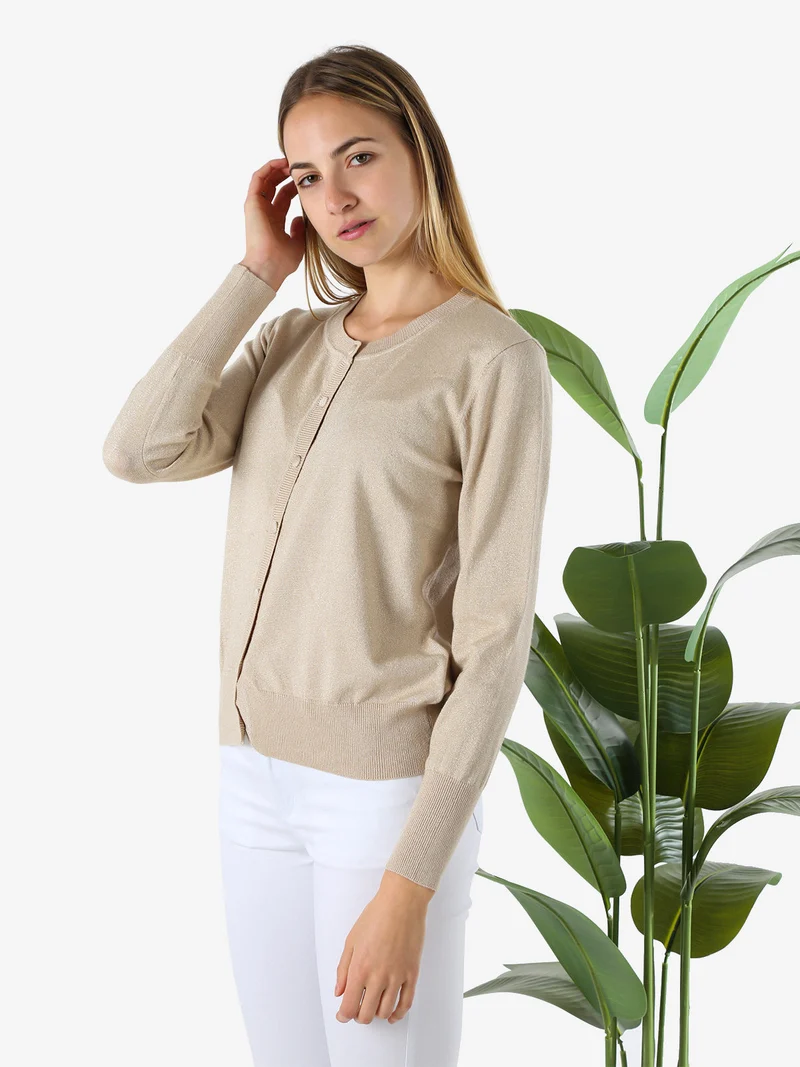 Cardigan donna lurex in maglia con bottoni - beige