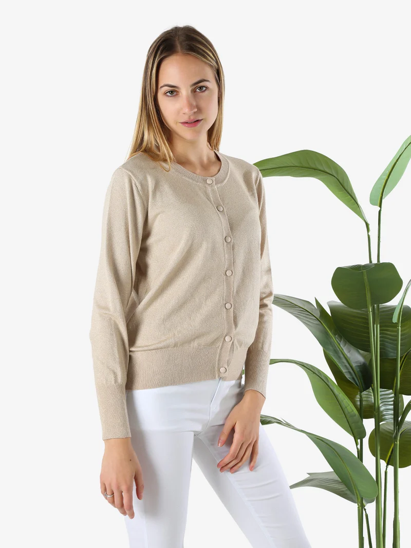 Cardigan donna lurex in maglia con bottoni - beige