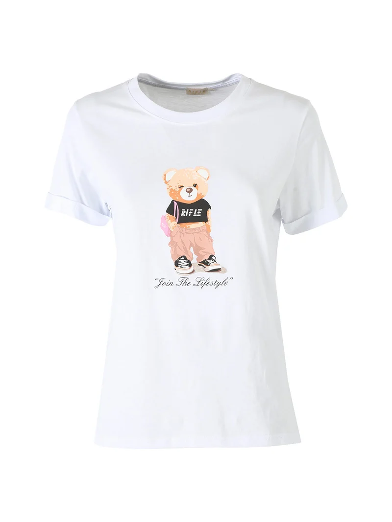 T-shirt girocollo da donna in cotone con stampa - bianco