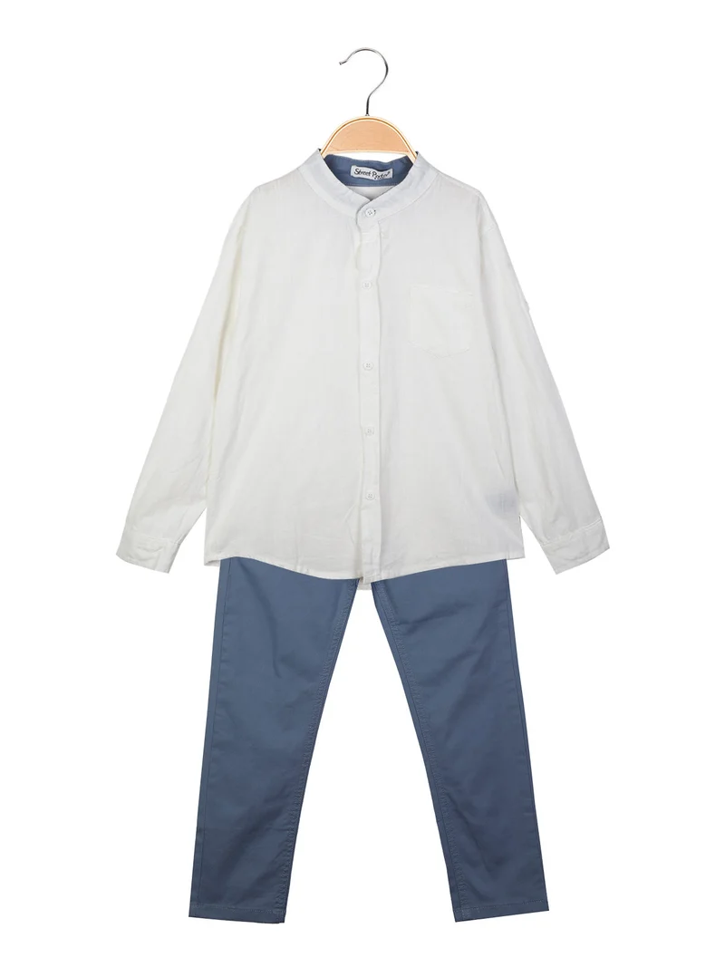 Completo 2 pezzi da bambino con camicia alla coreana - bianco