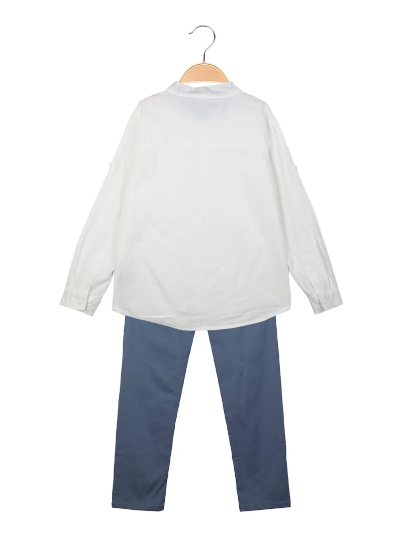 Completo 2 pezzi da bambino con camicia alla coreana - bianco