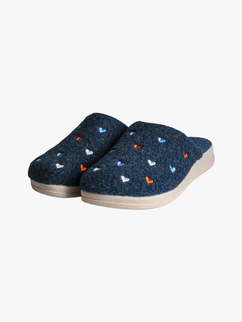 Pantofole donna cuori in feltro con zeppa - blu