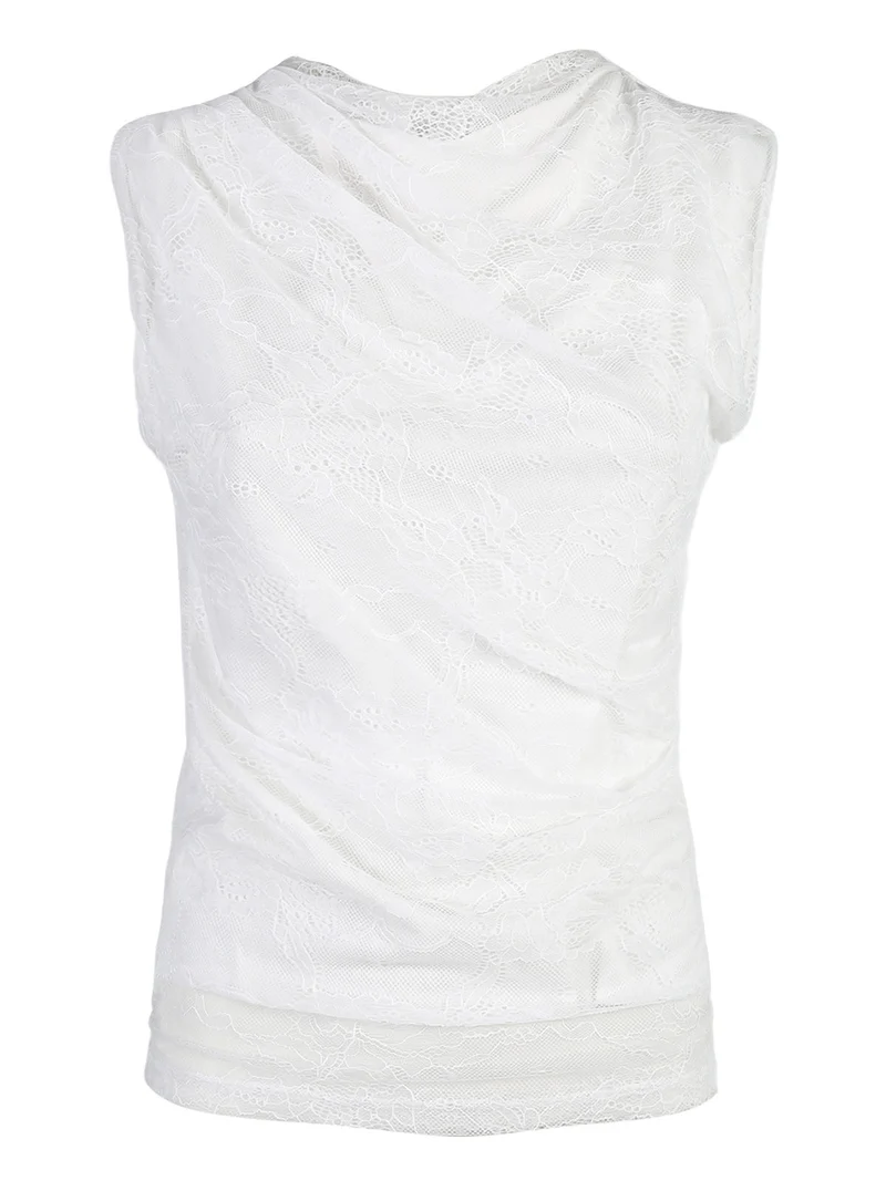 Top donna in pizzo con scollo a cascata - bianco