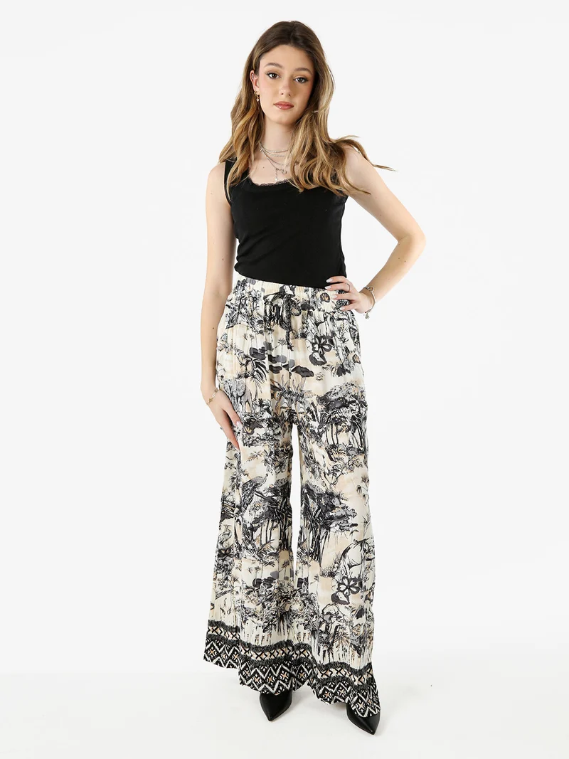 Pantaloni donna a gamba larga con stampe - nero