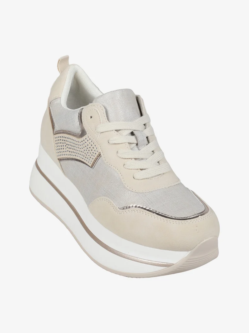Sneakers donna stringate con platform - beige