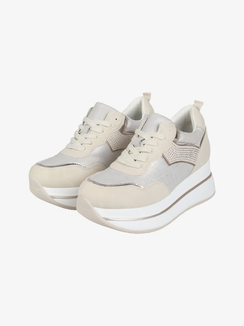 Sneakers donna stringate con platform - beige
