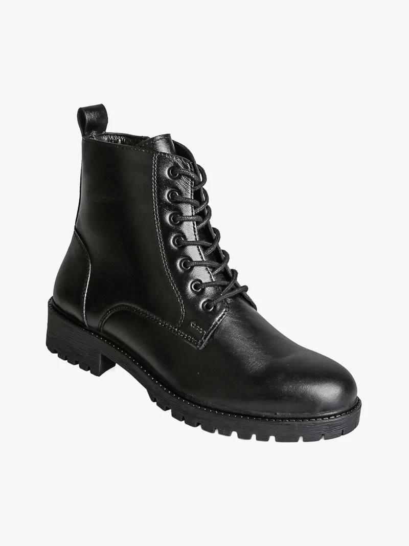 Anfibi donna stringati in pelle con zip - nero