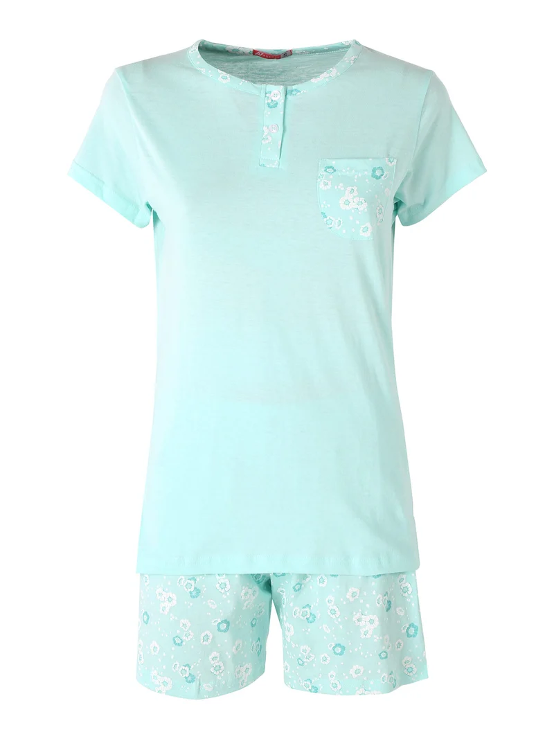Pigiama corto da donna in cotone con taschino e shorts fiorati - acqua marina