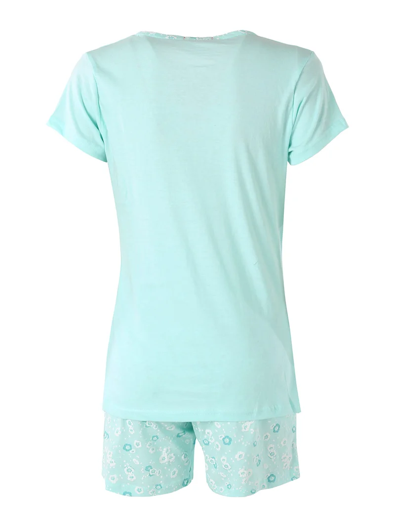Pigiama corto da donna in cotone con taschino e shorts fiorati - acqua marina