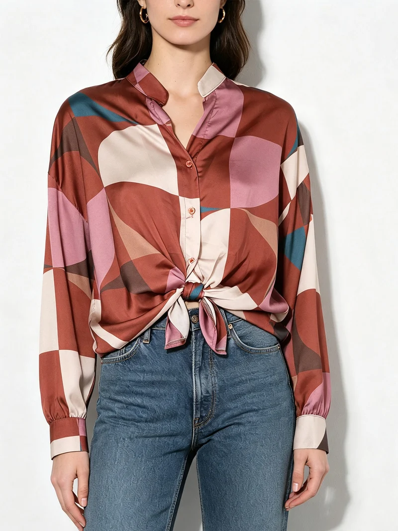 Camicia donna a maniche lunghe annodata sul fondo - cuoio