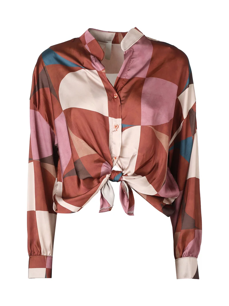 Camicia donna a maniche lunghe annodata sul fondo - cuoio