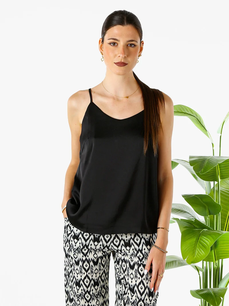 Top donna effetto raso con spalline strette - nero