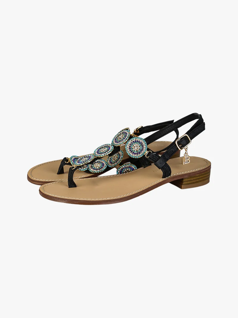 Sandali donna gioiello a infradito con strass colorati - nero