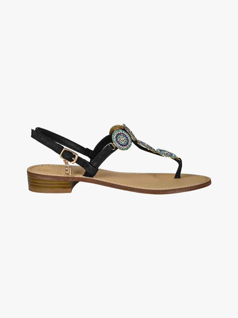 Sandali donna gioiello a infradito con strass colorati - nero