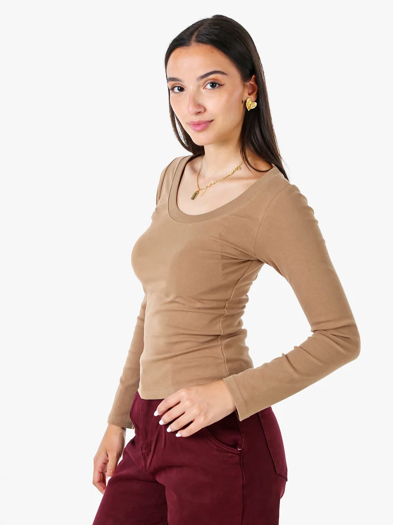 T-shirt a maniche lunghe da donna in cotone - khaki