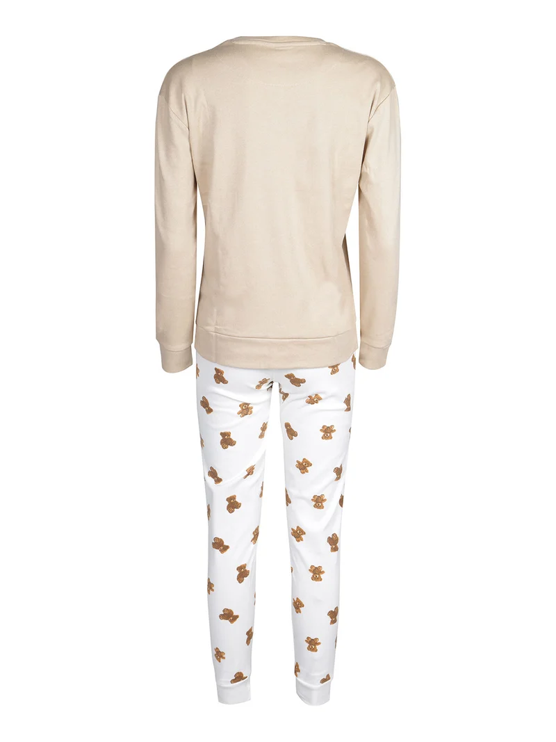 Pigiama lungo da donna in cotone interlock con orsacchiotto - cammello