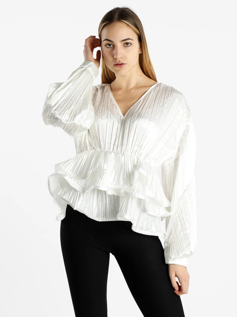 Blusa donna plissetata con balze sul finale - bianco