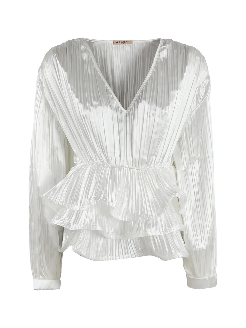 Blusa donna plissetata con balze sul finale - bianco