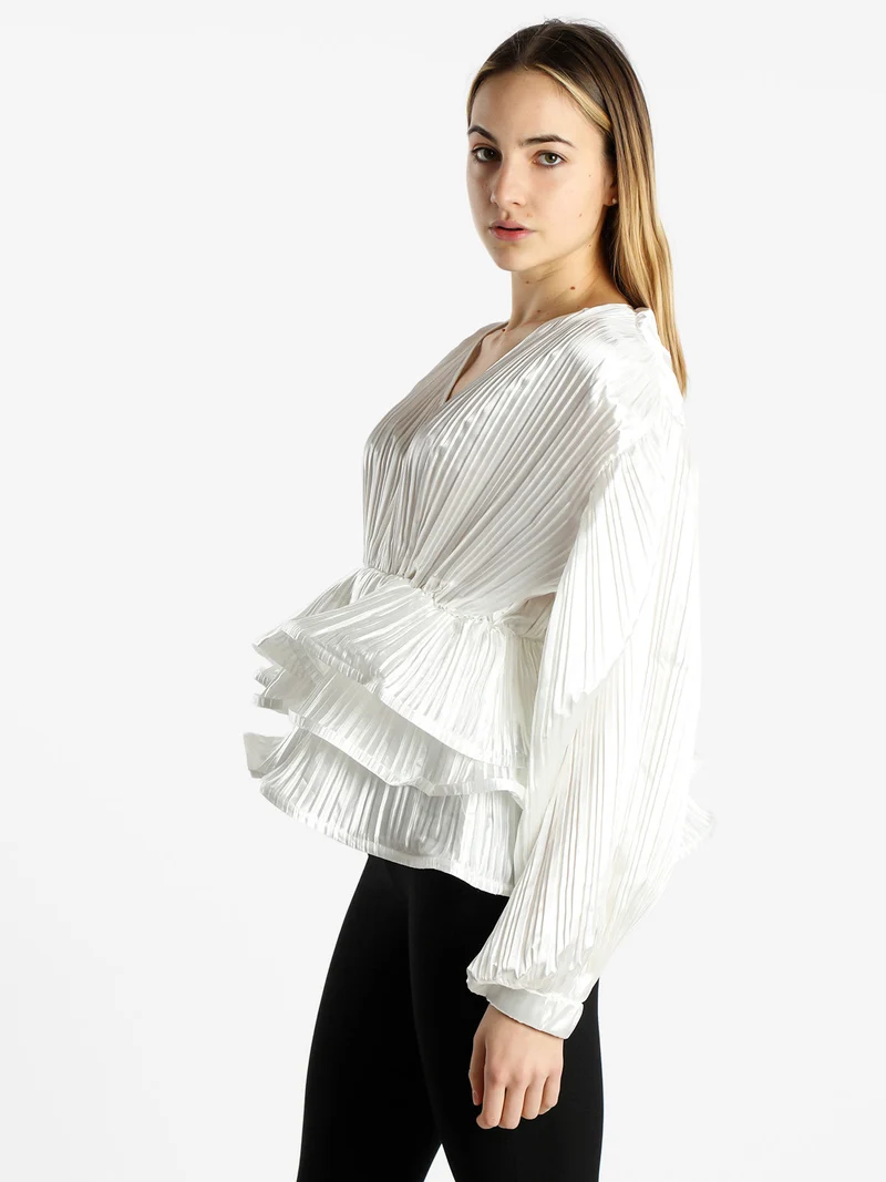 Blusa donna plissetata con balze sul finale - bianco