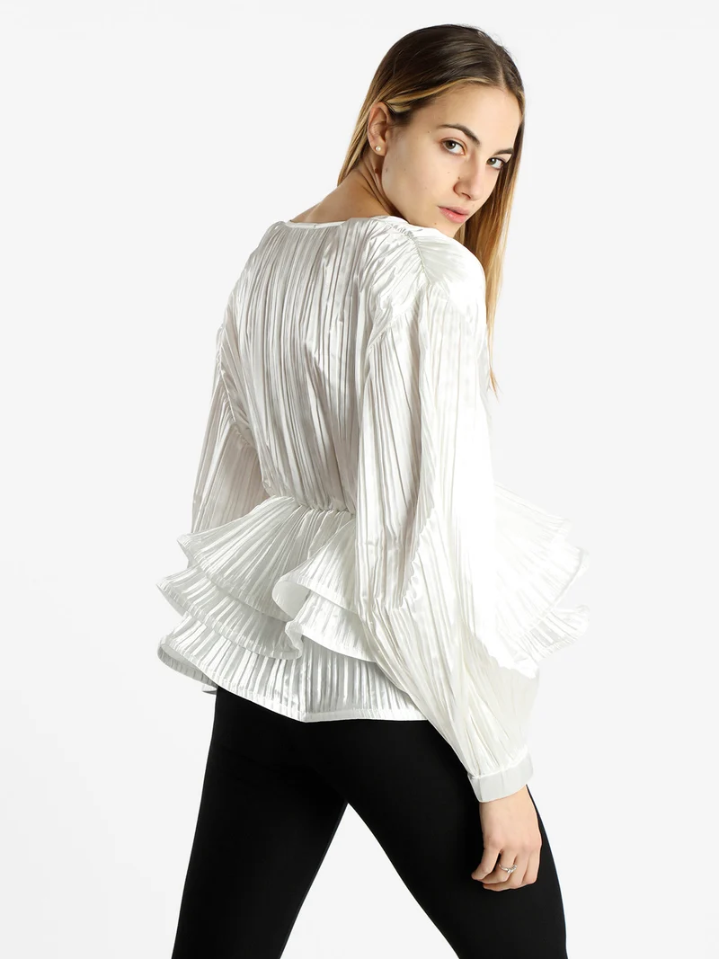 Blusa donna plissetata con balze sul finale - bianco