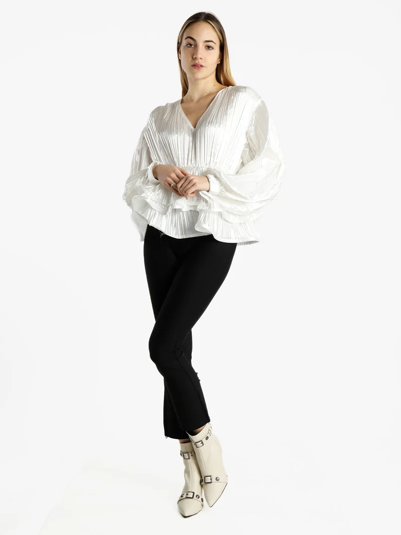 Blusa donna plissetata con balze sul finale - bianco