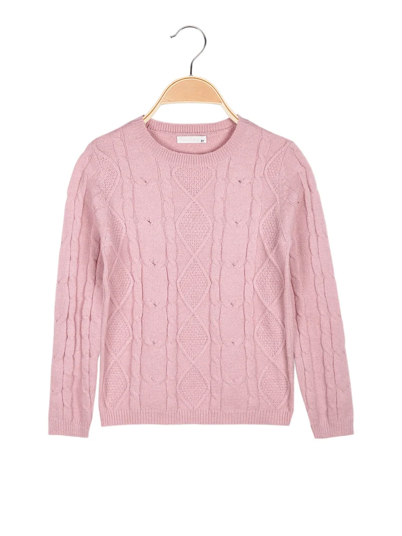 Maglione a treccia da bambina con sciarpa - rosa