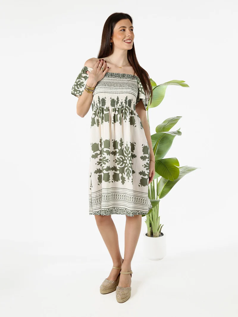Vestito donna a maniche corte con scollo quadrato e stampe - verde