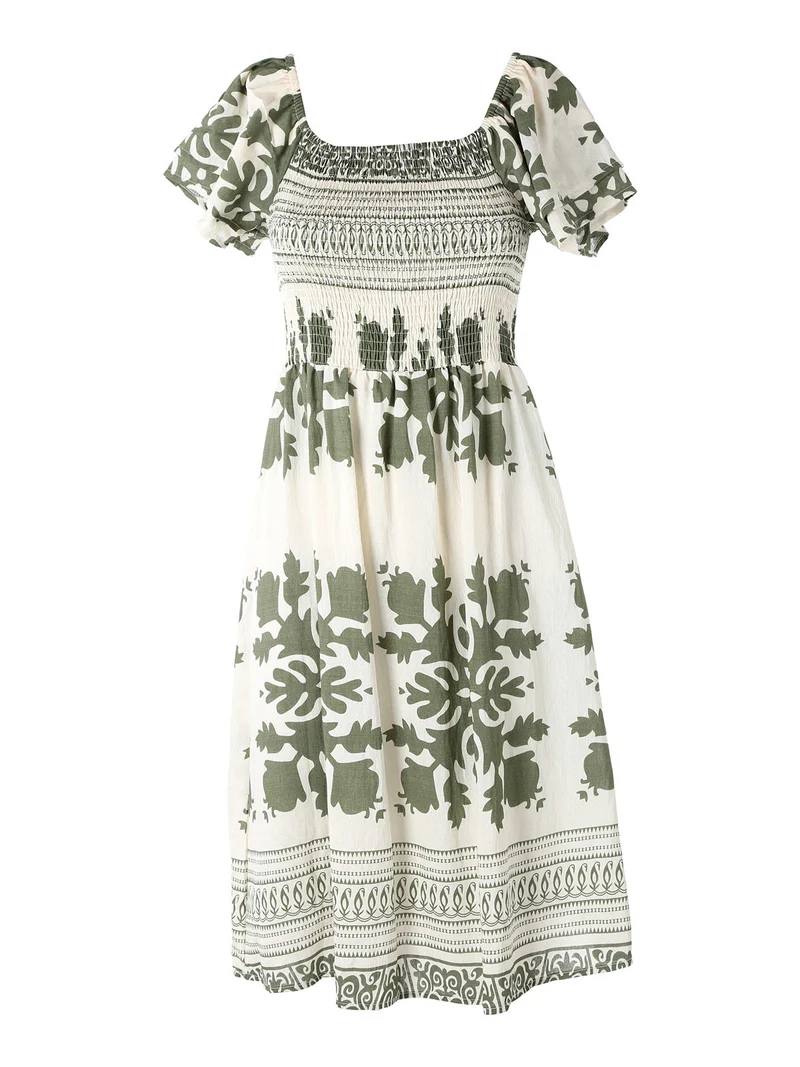 Vestito donna a maniche corte con scollo quadrato e stampe - verde