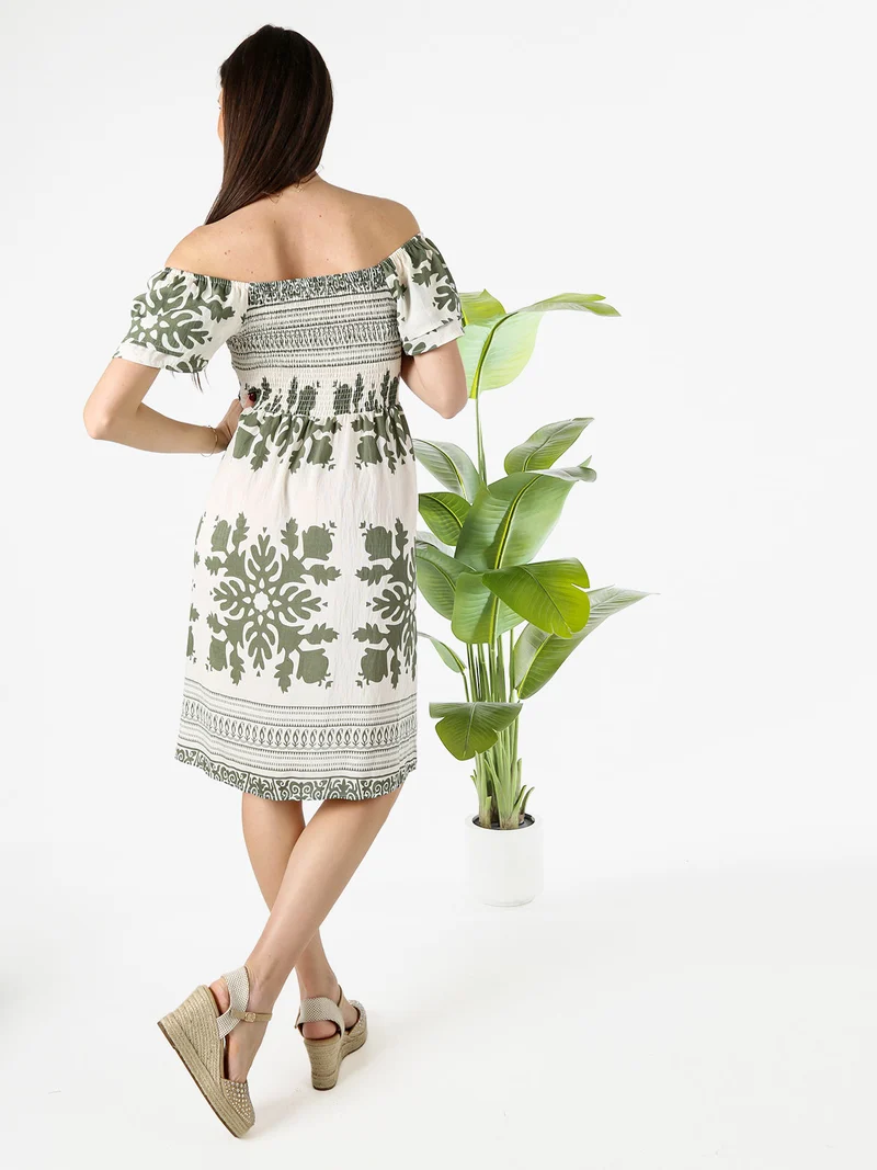 Vestito donna a maniche corte con scollo quadrato e stampe - verde