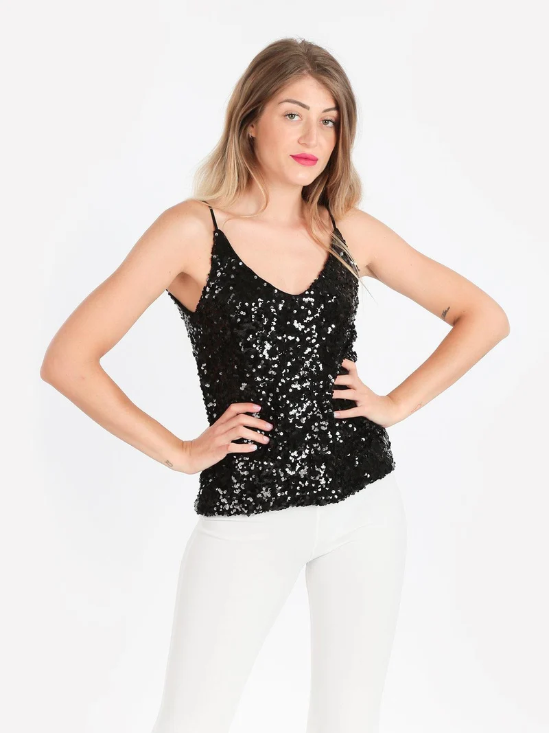 Top donna con paillettes - nero