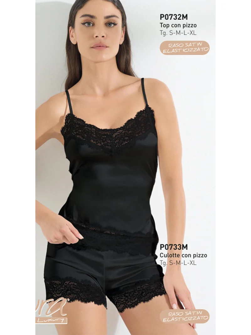 P0732M Top donna in raso satinato con pizzo - nero