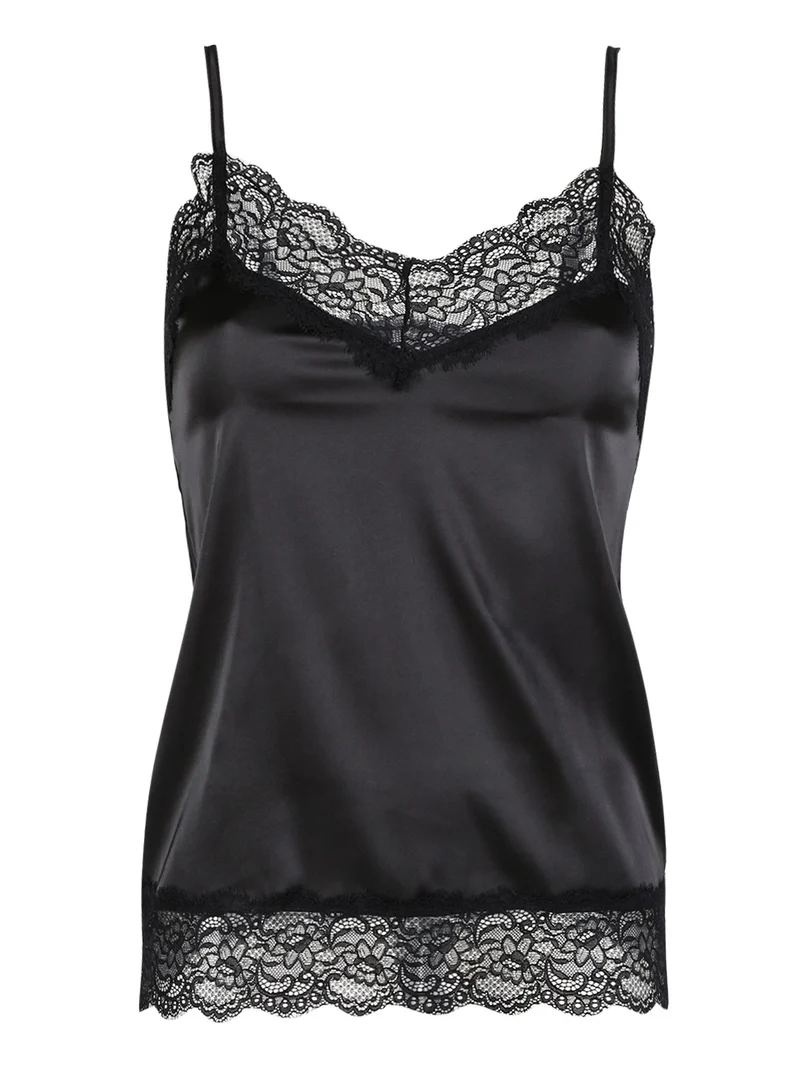 P0732M Top donna in raso satinato con pizzo - nero