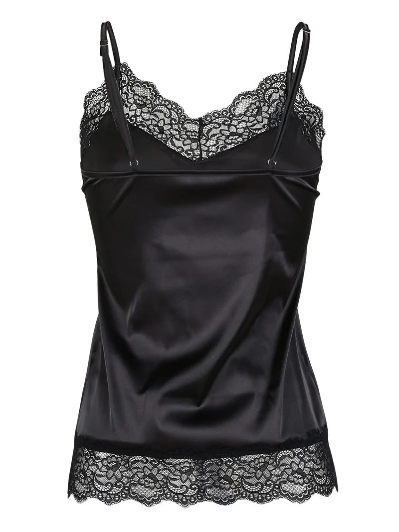 P0732M Top donna in raso satinato con pizzo - nero