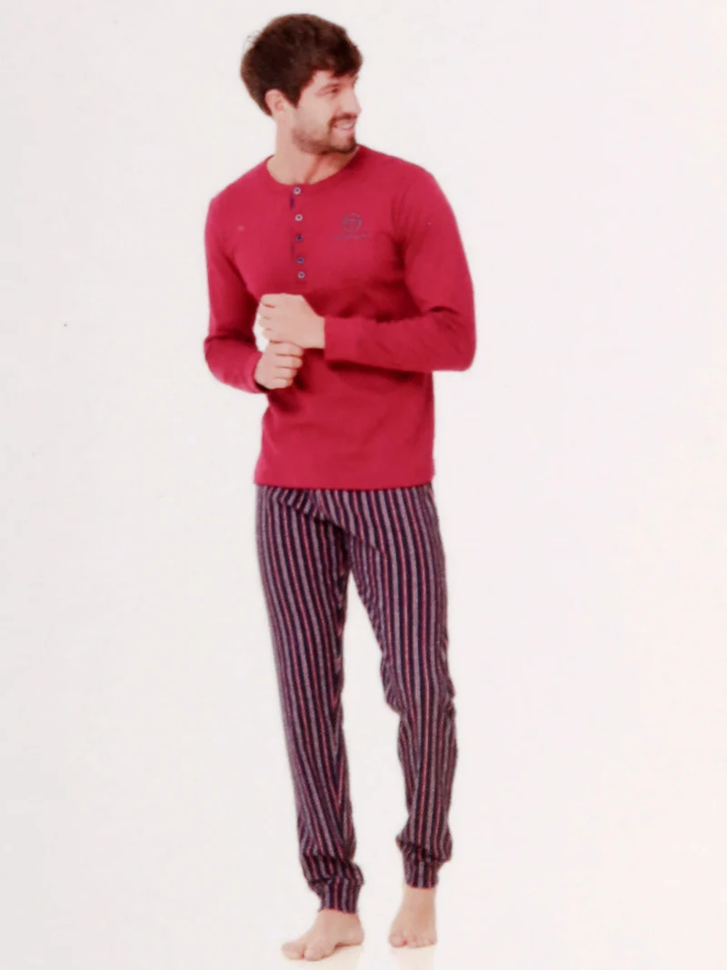 Pigiama lungo da uomo in cotone interlock con pantaloni a righe - rosso