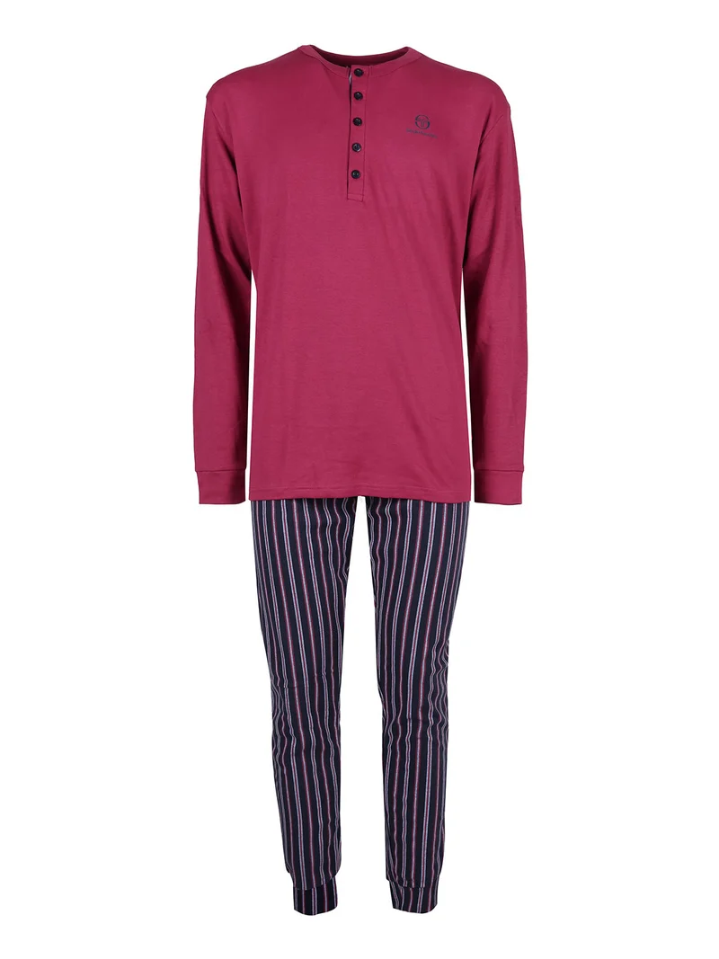 Pigiama lungo da uomo in cotone interlock con pantaloni a righe - rosso