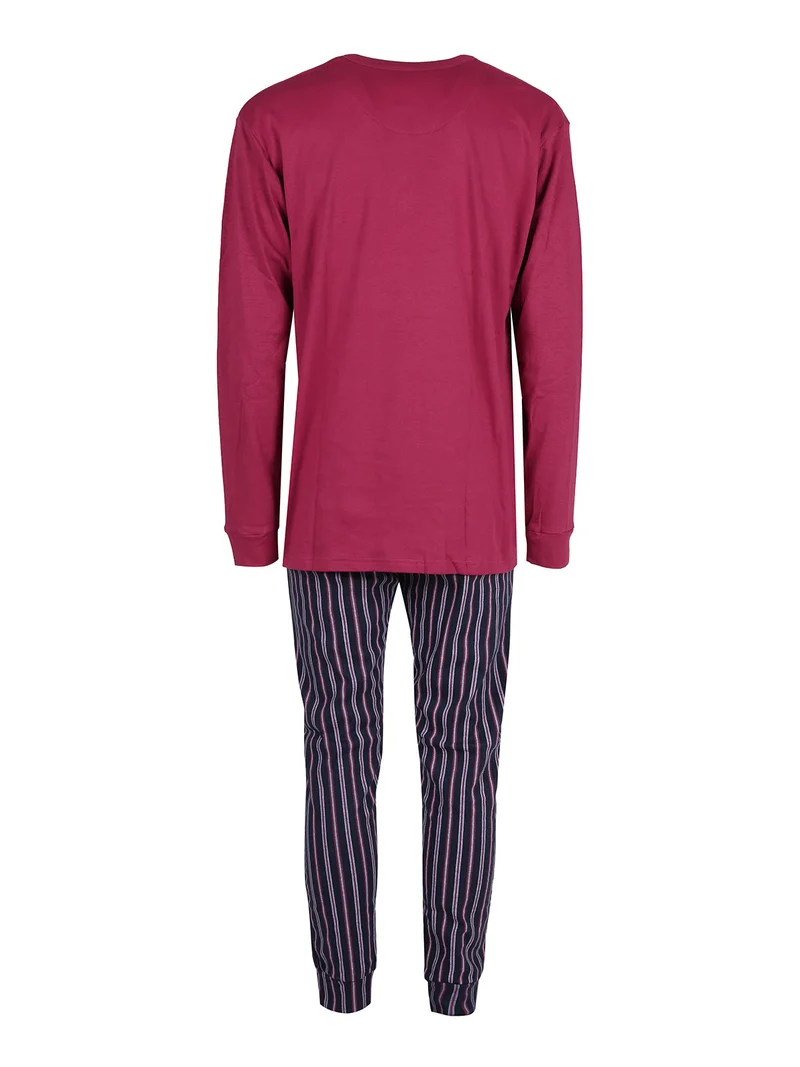 Pigiama lungo da uomo in cotone interlock con pantaloni a righe - rosso