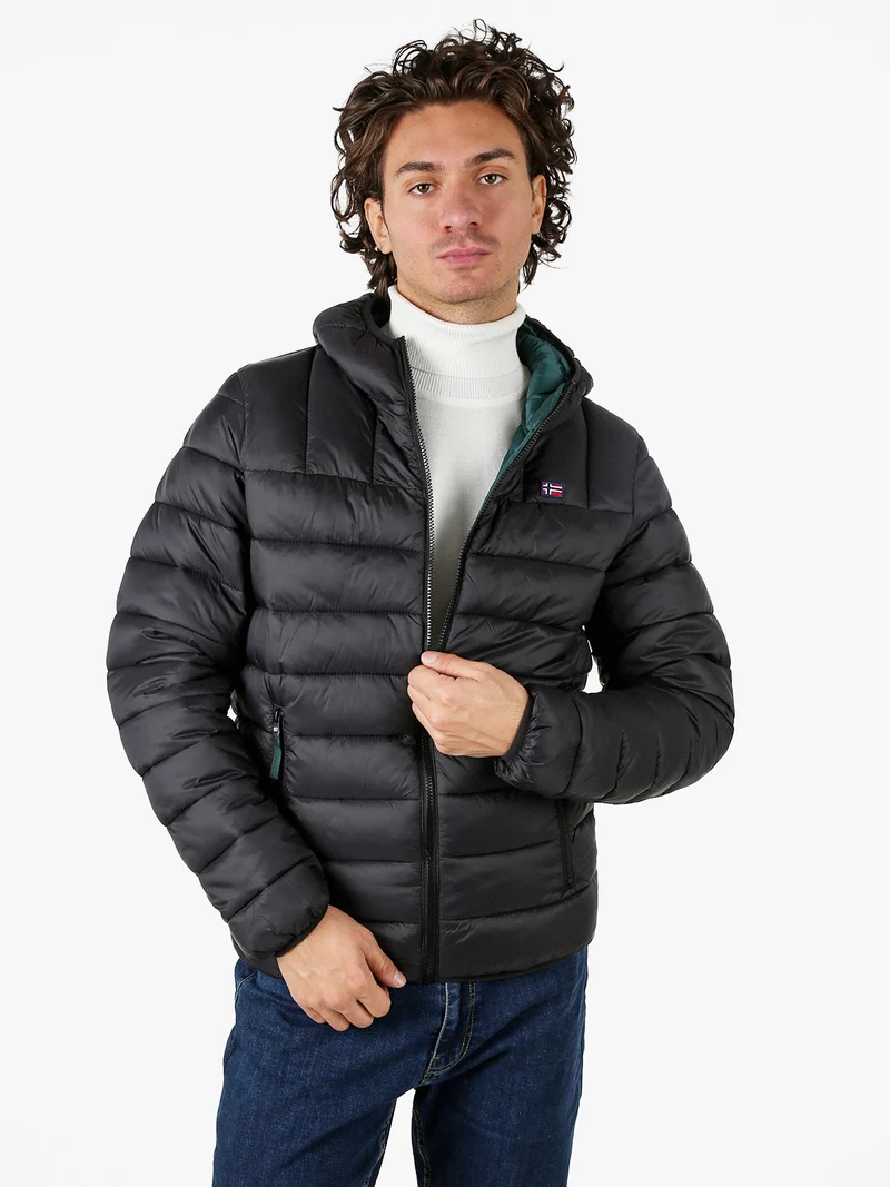 Giubbotto piumino da uomo con cappuccio e zip - nero
