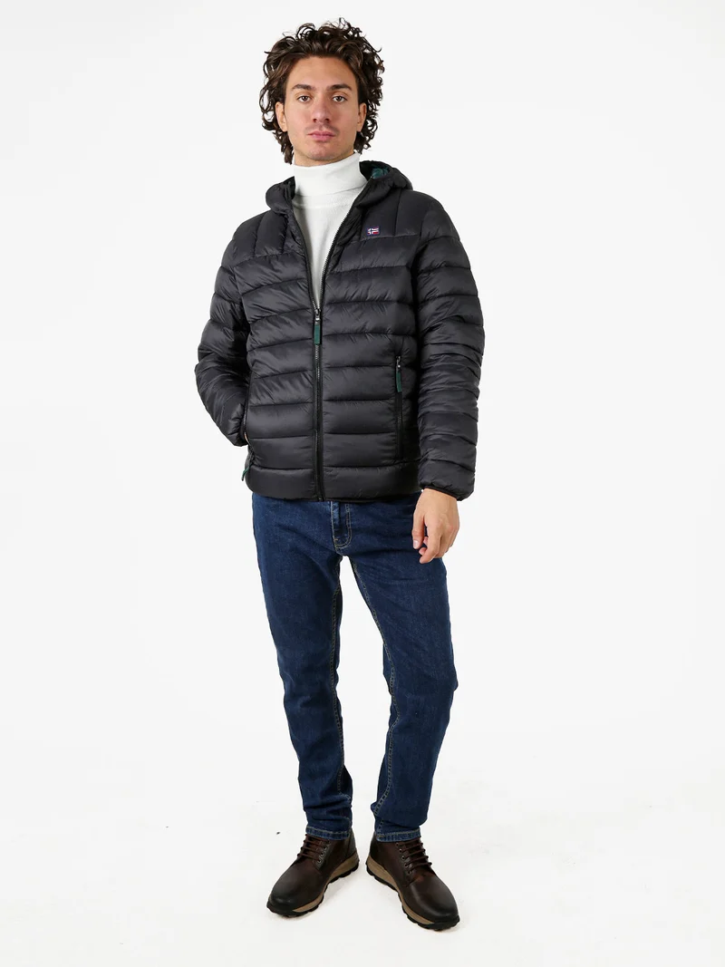 Giubbotto piumino da uomo con cappuccio e zip - nero