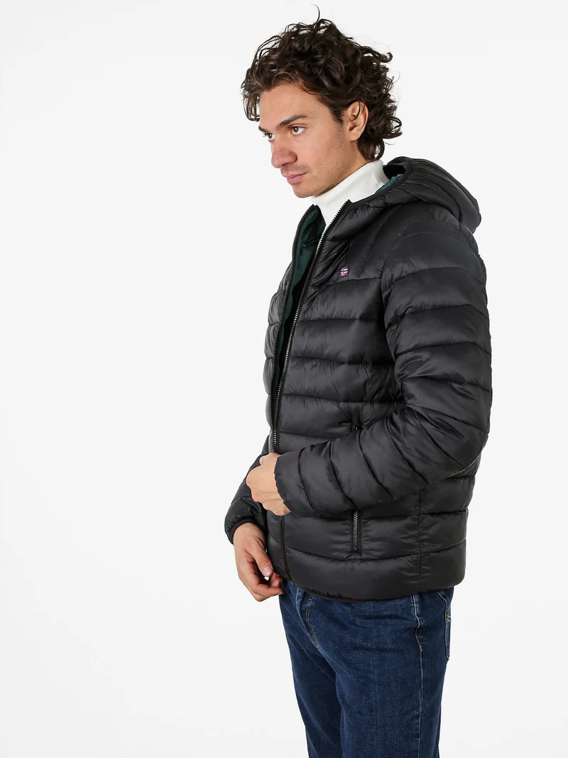 Giubbotto piumino da uomo con cappuccio e zip - nero