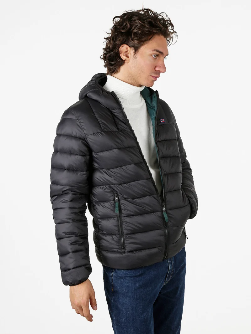 Giubbotto piumino da uomo con cappuccio e zip - nero