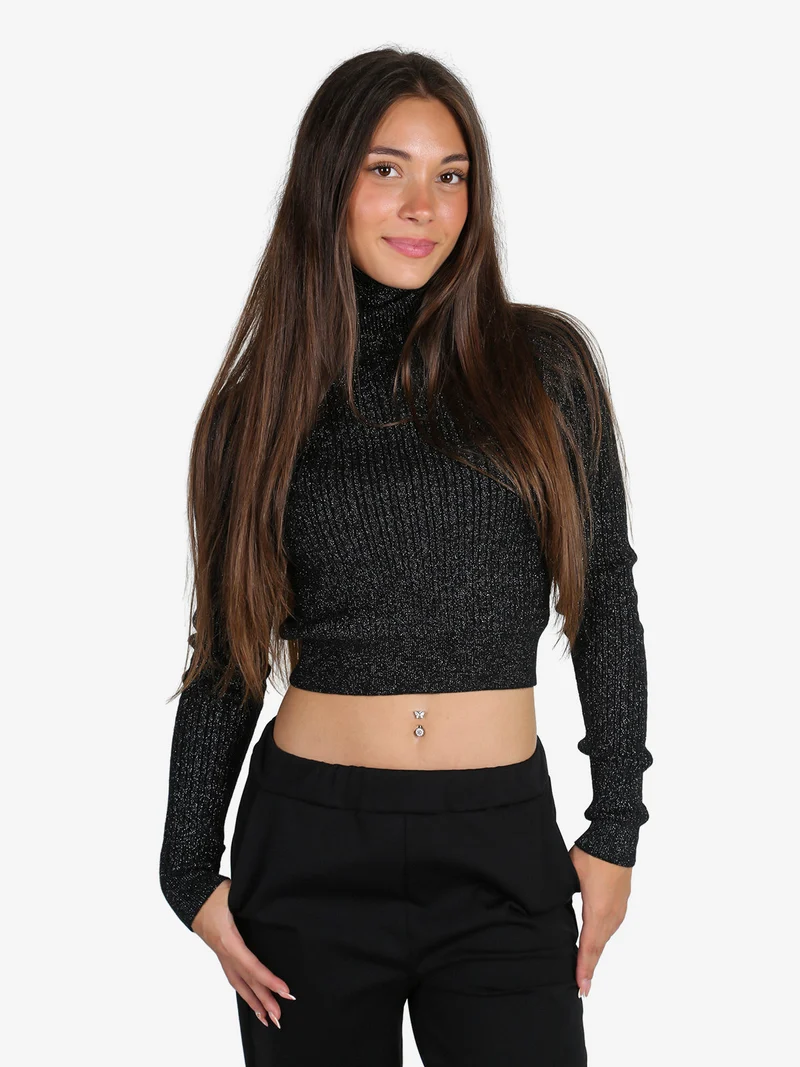 Maglia dolcevita donna a trecce con lurex - nero
