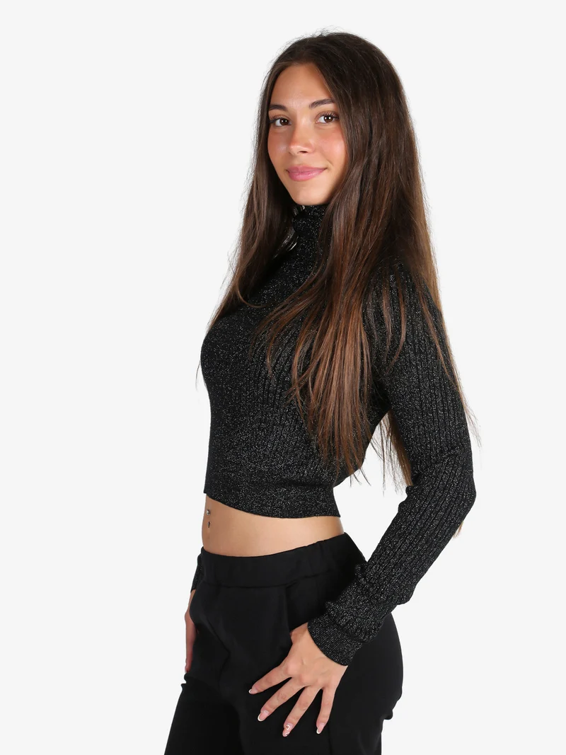 Maglia dolcevita donna a trecce con lurex - nero